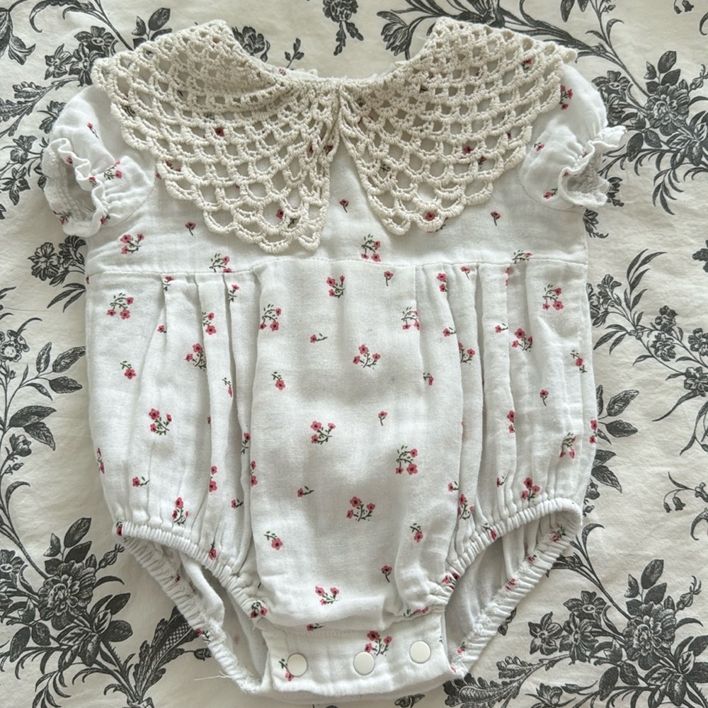 Floral White Baby Romper with Crochet Collar